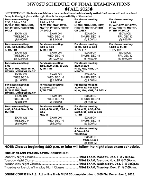 NWOSU Fall 2025 Finals Schedule listing dates and times for finals.