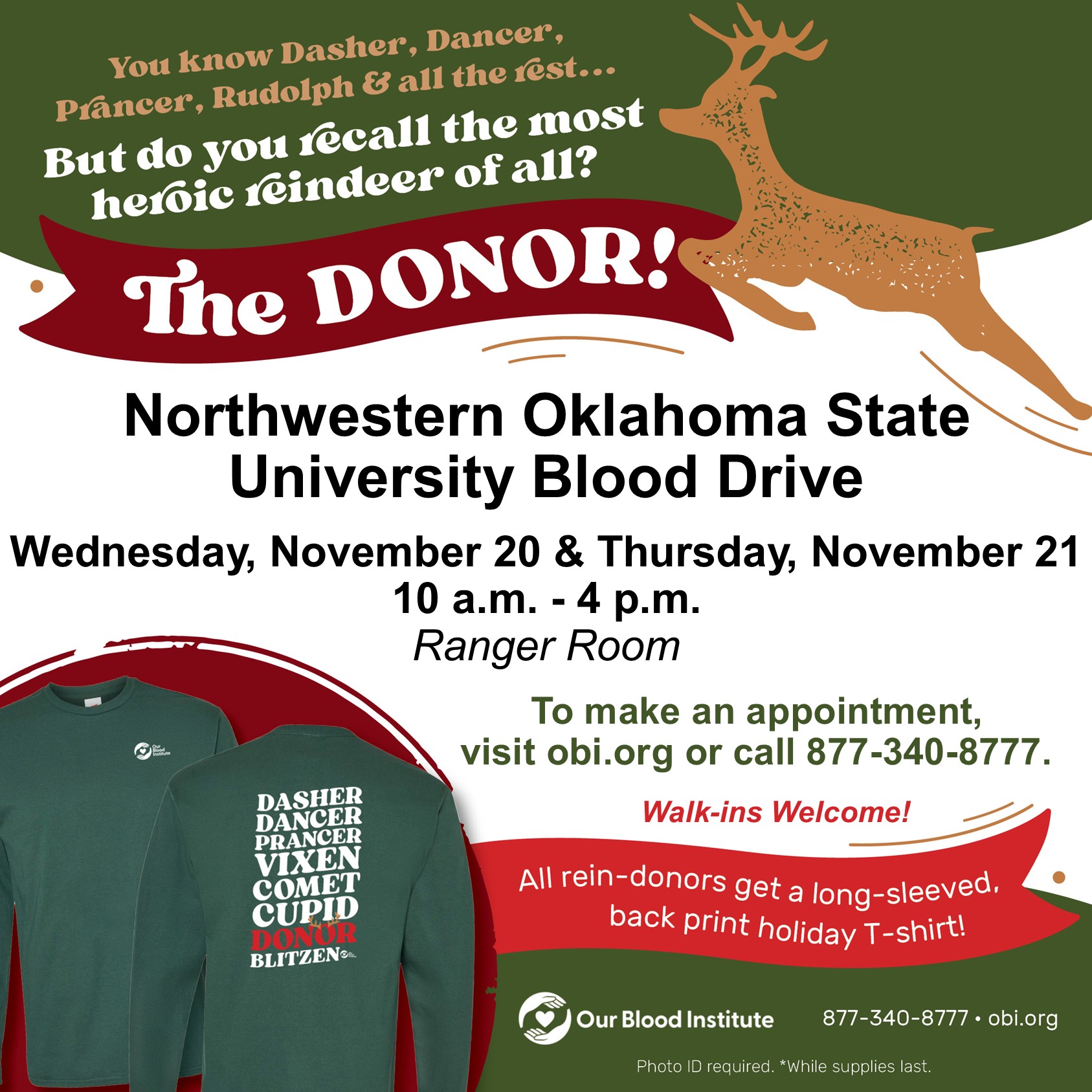 Northwestern Oklahoma State University’s President’s Leadership Class is partnering with the Our Blood Institute in Oklahoma to hold a blood drive from 10 a.m. to 4 p.m. on Wednesday and Thursday, Sept. 11-12, in the Student Center Ranger Room on the Alva campus. 
