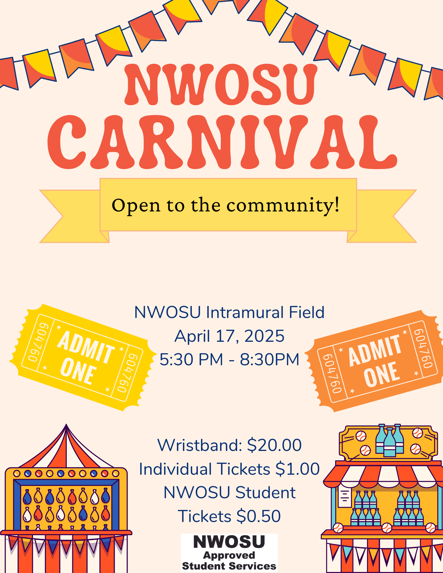 The Northwestern Oklahoma State University Carnival brings campus and community together on the Northwestern Intramural Field, Thursday, April 17, from 5:30 to 8:30 p.m. Northwestern students and members of the community are welcome to come play numerous games and win prizes with members of Northwestern clubs and organizations. Tickets for Northwestern students are 50 cents, individual tickets are $1 and wristbands will be available for $20. Tickets for carnival games will benefit the students involved in extracurricular activities on campus.