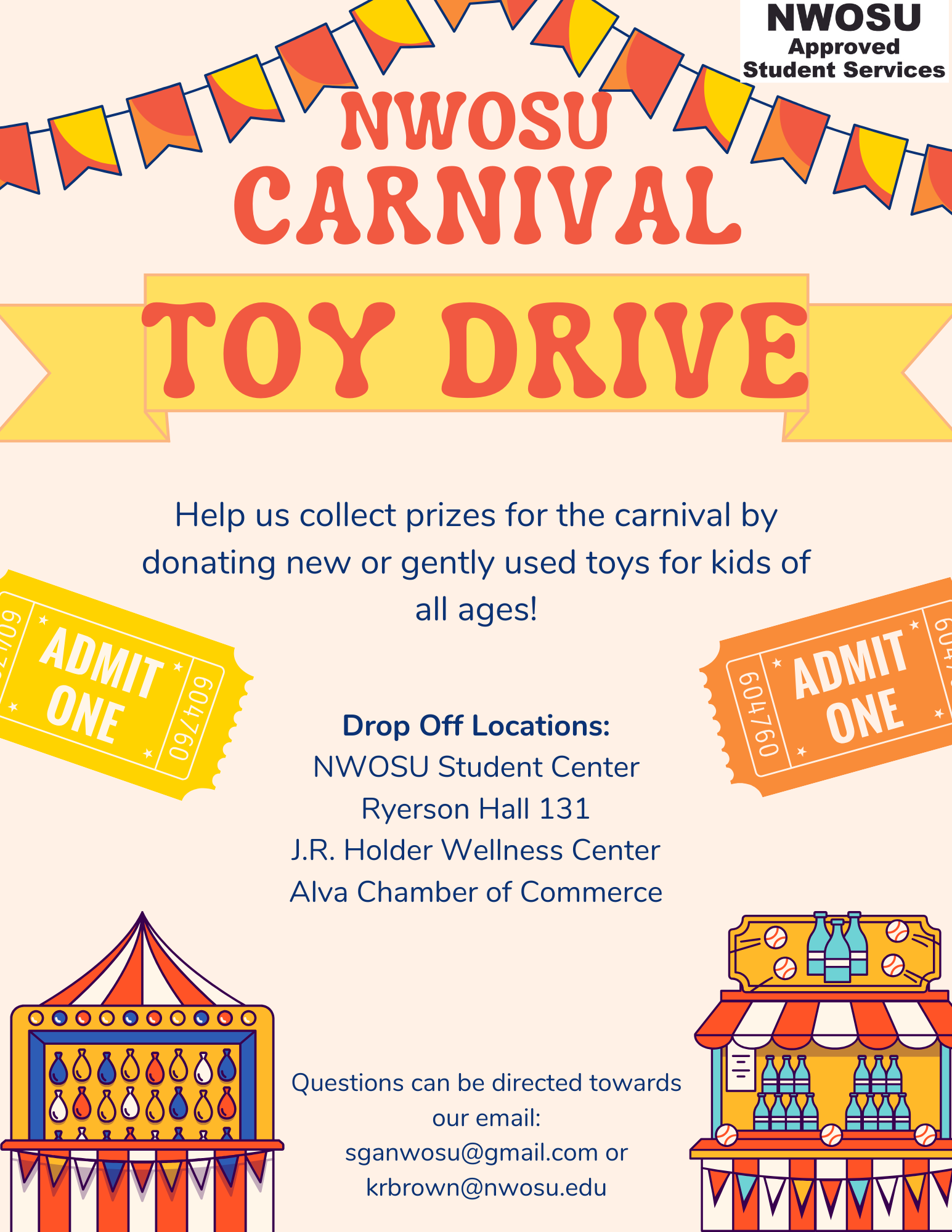 The Northwestern Student Government Association (SGA) is seeking new or gently used toy donations for use as carnival prizes. Donations can be made at the Northwestern Student Center; Ryerson Hall, Room 131; the J.R. Holder Wellness Center; and the Alva Chamber of Commerce. Donations will be accepted until April 14.