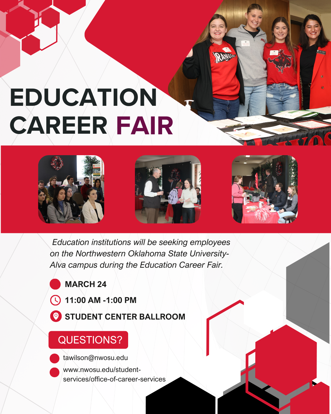 Representatives from 19 education institutions will be seeking employees on the Northwestern Oklahoma State University-Alva campus during the Education Career Fair Monday, March 24, in the Student Center Ballroom from 11 a.m. to 1 p.m.