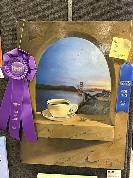 Non-student Best of Show winner is a painting of a coffee cup in front with the view of water and bridge in the background
