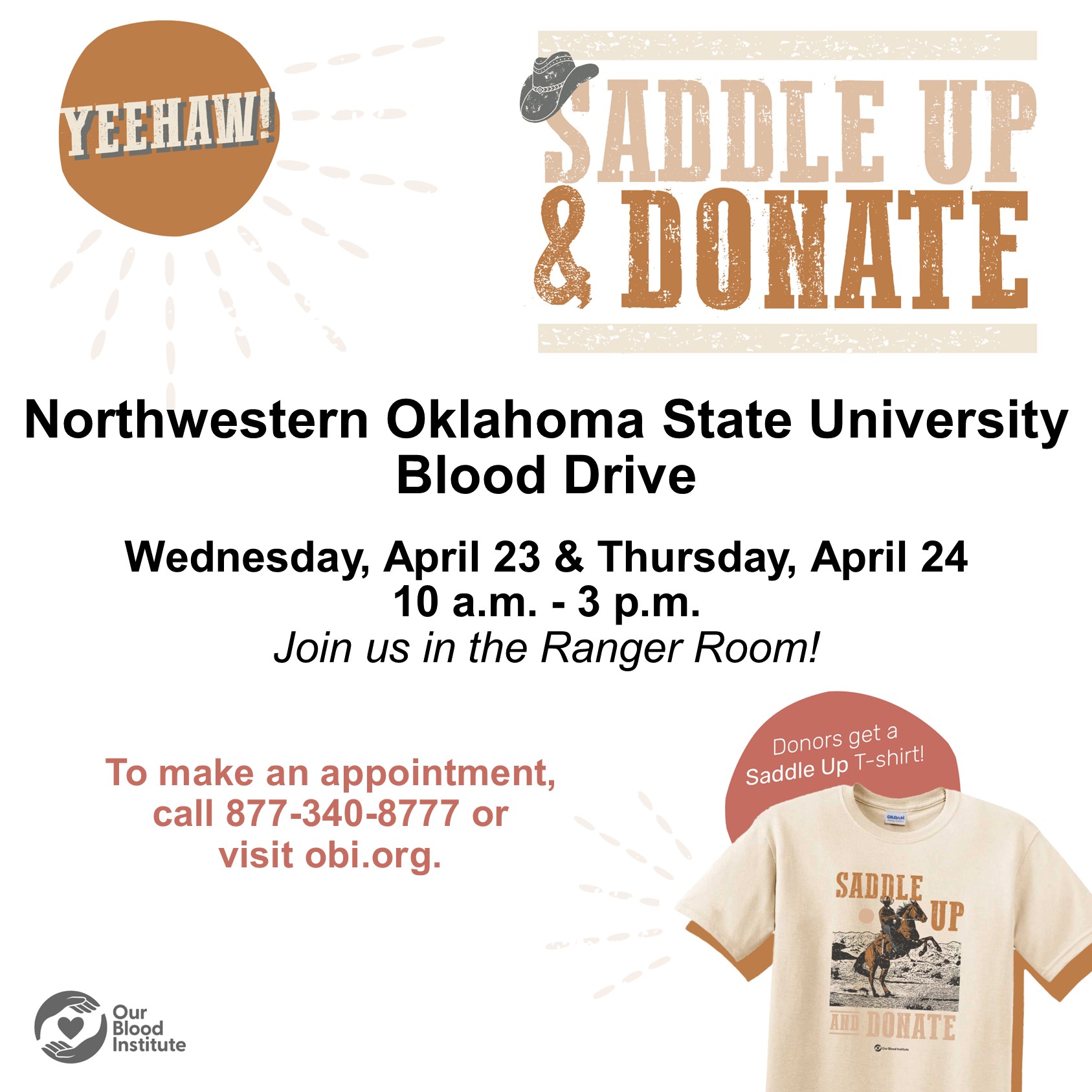 Northwestern Oklahoma State University’s Psychology and Student Government Association is partnering with the Our Blood Institute in Oklahoma to hold a blood drive from 10 a.m. to 4 p.m. on Wednesday and Thursday, April 23-24, in the Student Center Ranger Room on the Alva campus. All blood donors will receive a free limited-edition “Saddle Up and Donate” t-shirt. Free pizza will be available, and all donors will be entered in a drawing for a chance to win a $25 Northwestern bookstore gift card.  Donors will need to show a photo ID to give blood. 