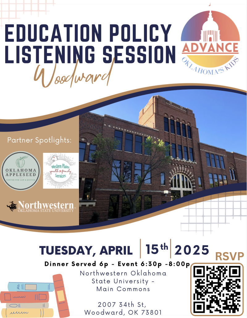 Northwestern Oklahoma State University will play host to the Oklahoma Appleseed Center for Law and Justice for an education policy listening session Tuesday, April 15, from 6 to 8 p.m. in the Northwestern-Woodward campus commons area.