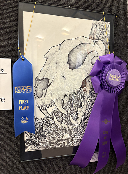 Student Best of Show winner is a black and white drawing of a skull with large fangs
