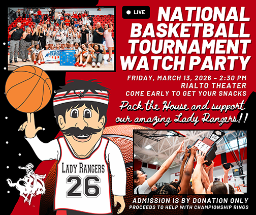 Watch Party graphic for Lady Ranger National Basketball Tournament game  on March 13